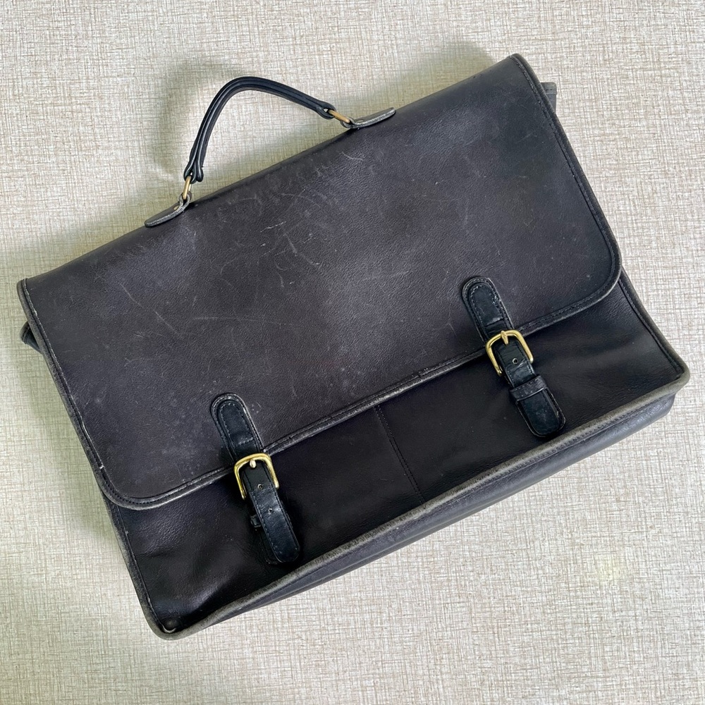 Vintage Coach Briefcase Wall Street Black Leather Strapless Messenger 1980s